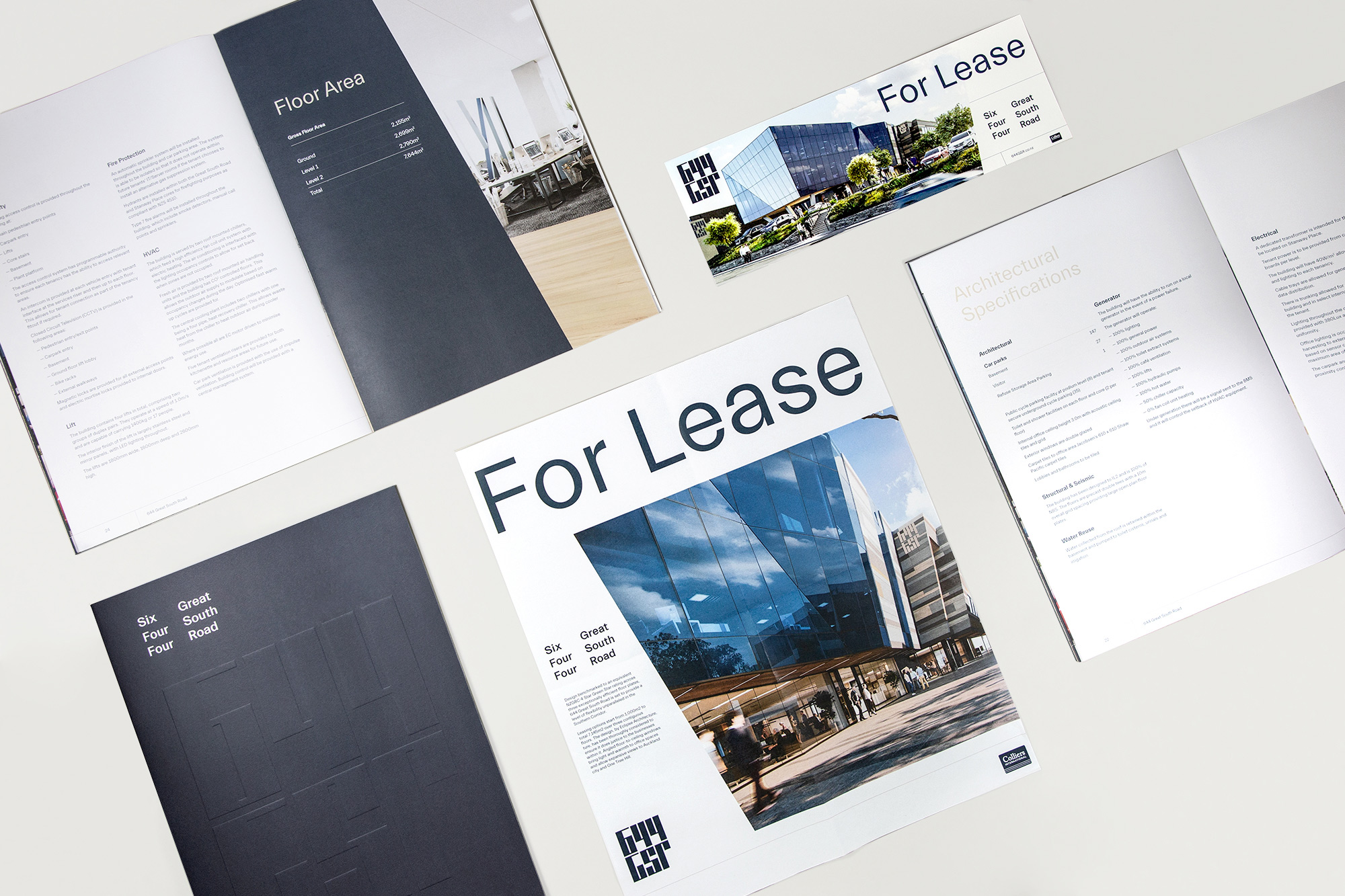 Various pages of the branded publication alongside for lease flyers