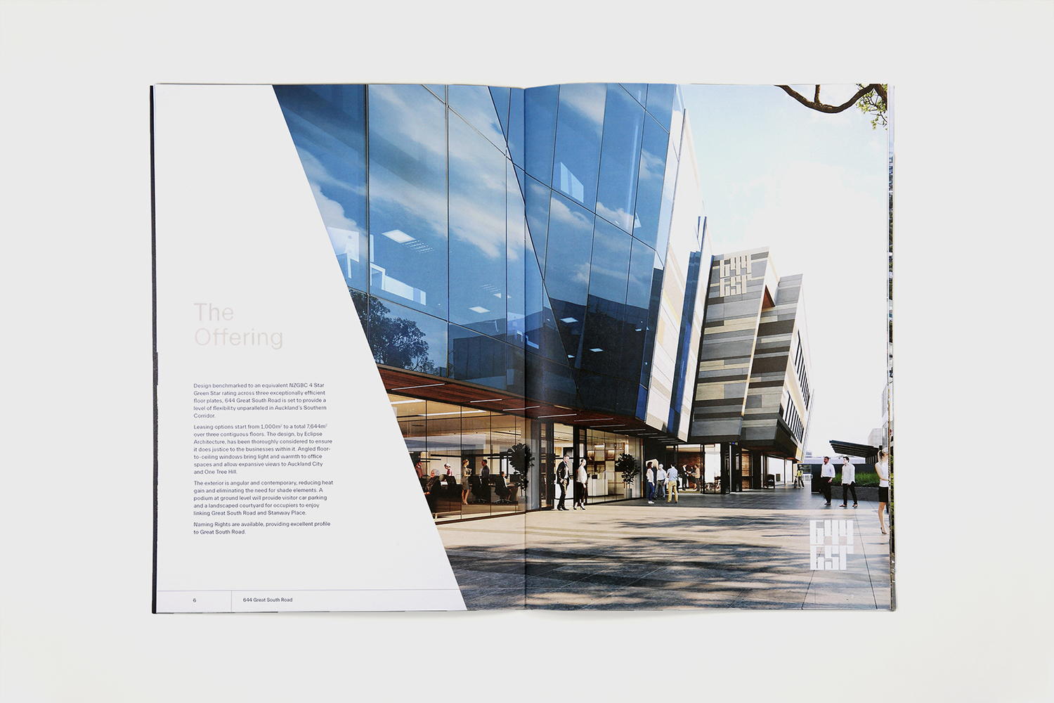 Open pages showing a render of the building at 644 Great South Road alongside some text