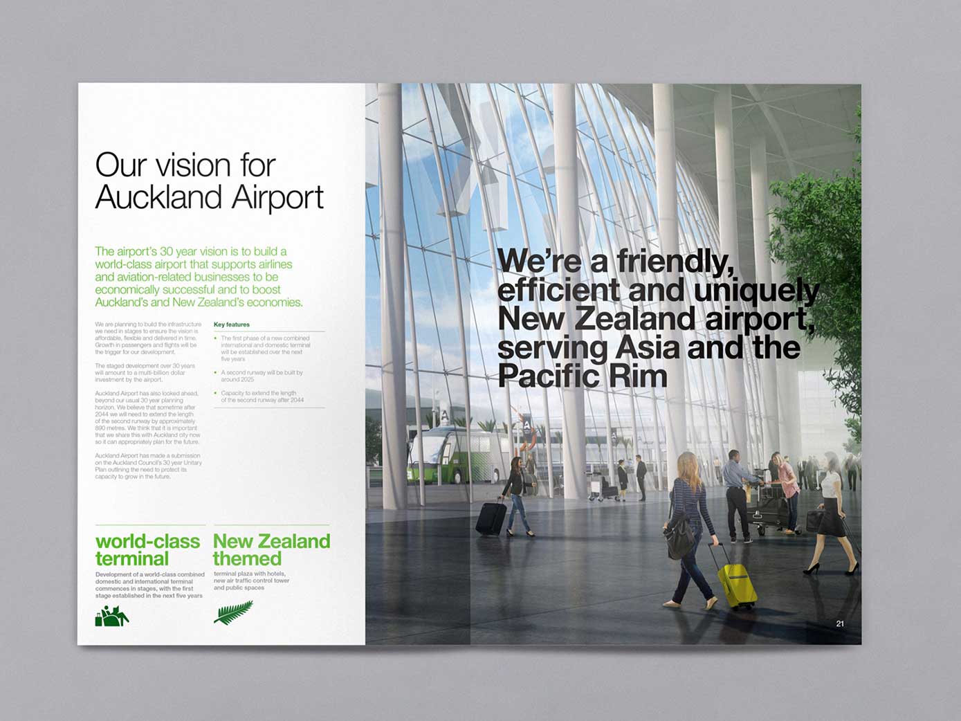 Double page spread within the publication discussing the vision for Auckland Aiport moving forward