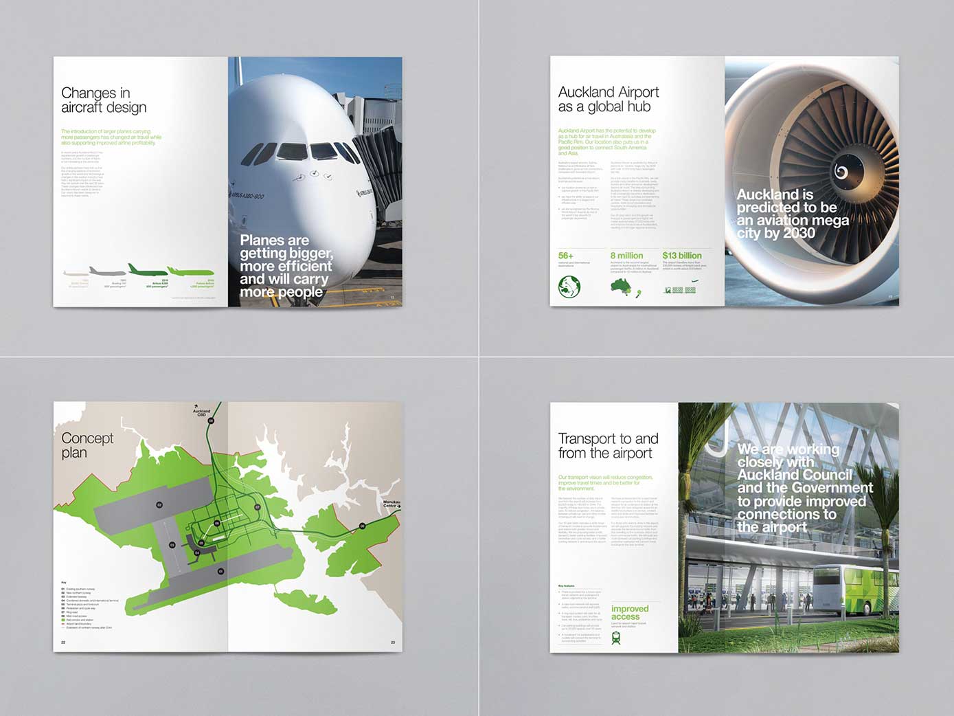 Four spread designs fro, within the Airport of the Future publication