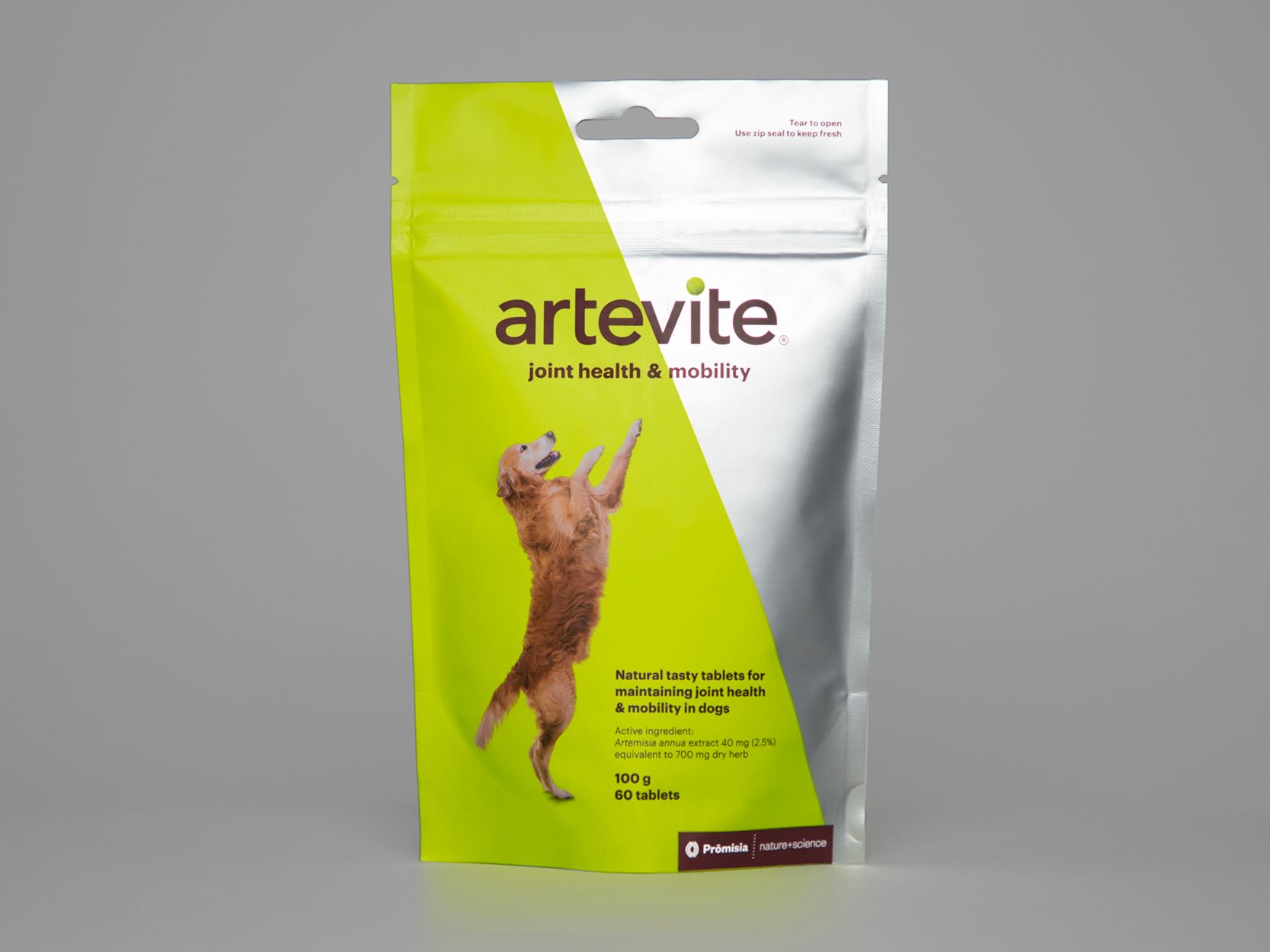 The front of the Artevite dog tablet packaging
