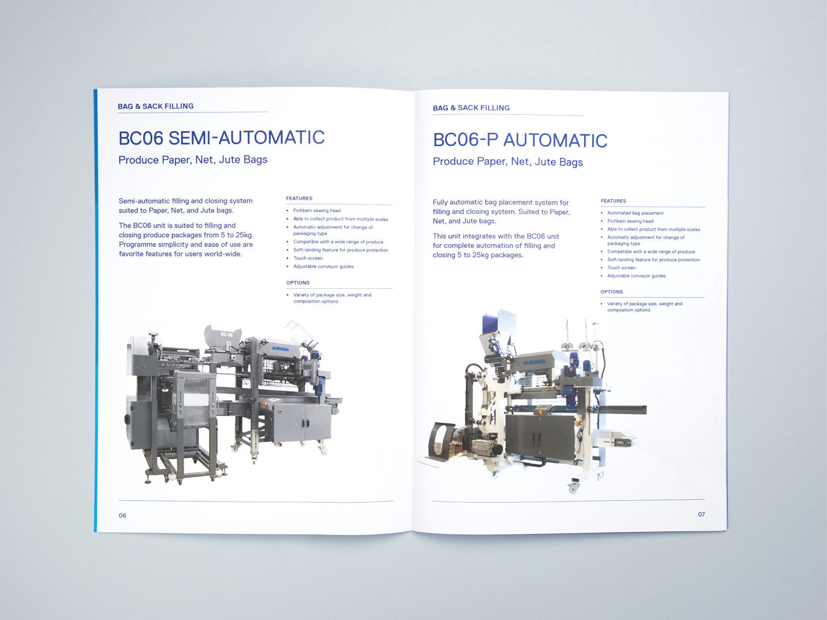 Open pages outlining the features and purposes of various packaging machinerery