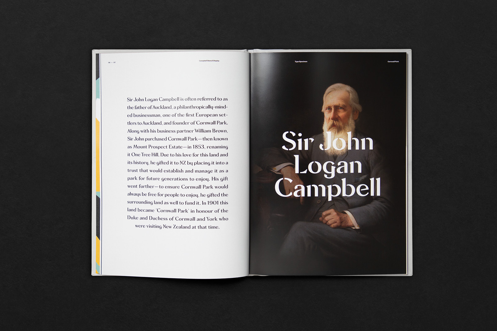 Open pages of book with picture of Sir John Logan Campbell