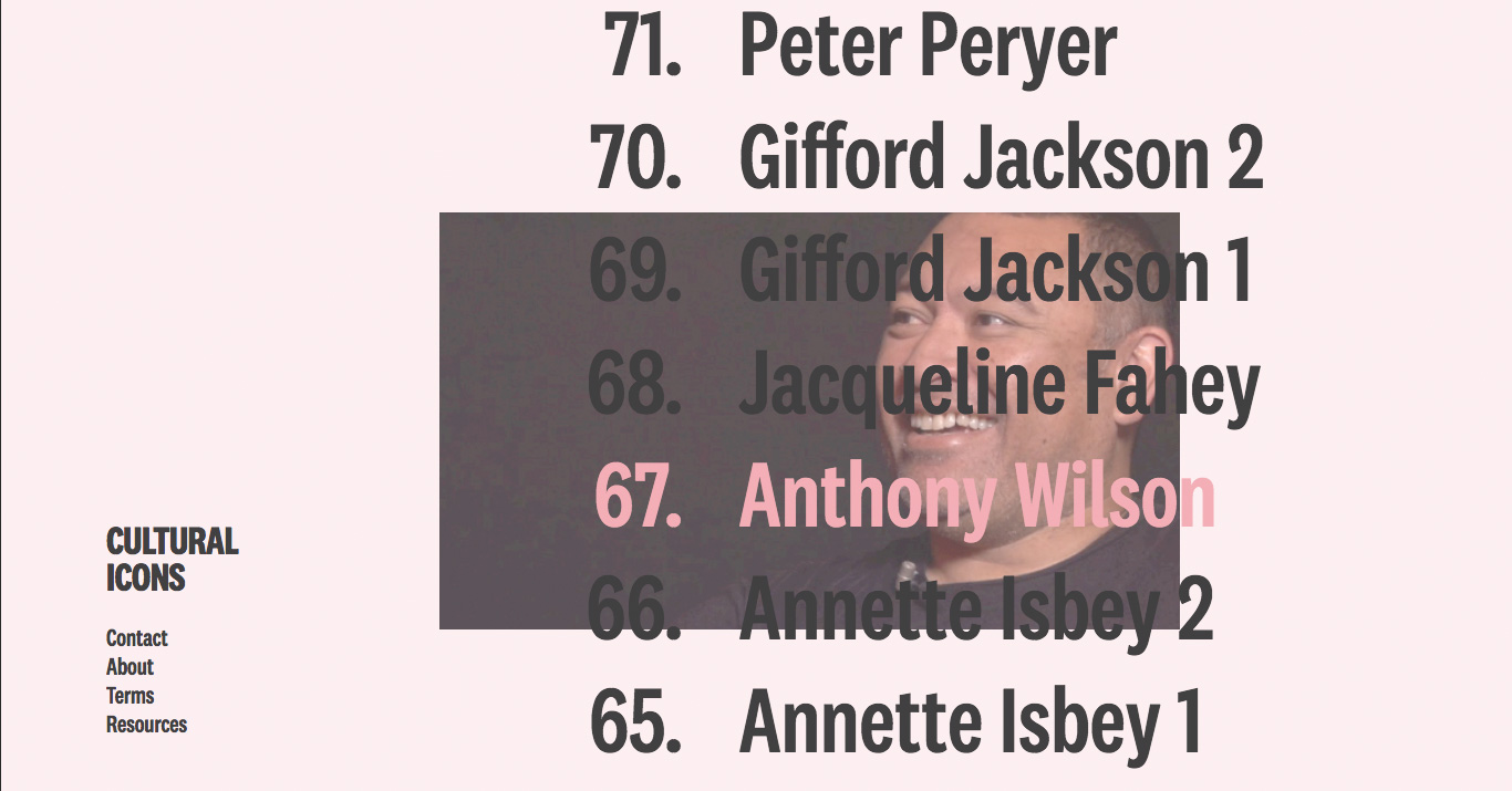 Thumbnail of the list of people appearing on the Cultural Icons website