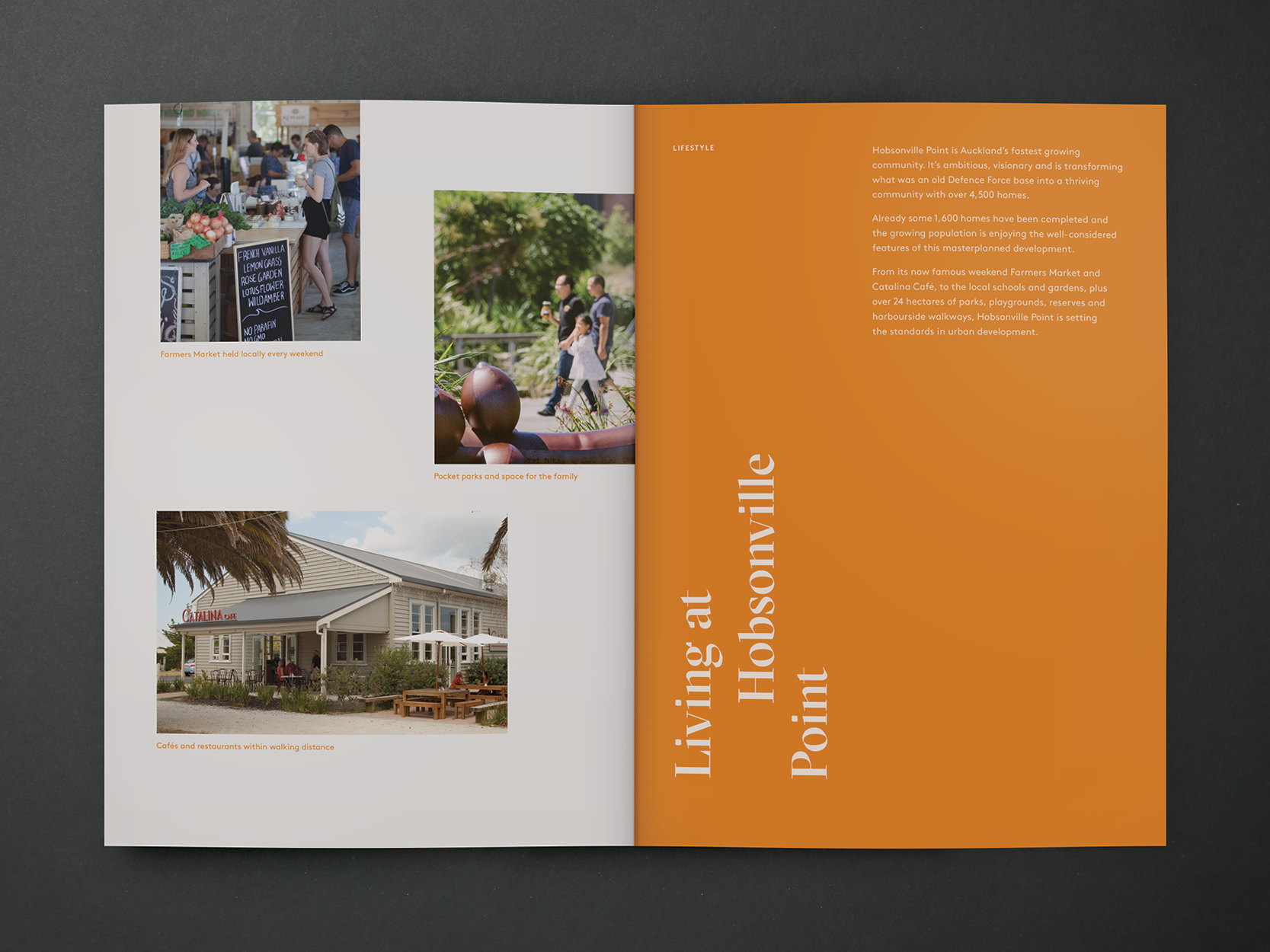Double Page spread showcasing the lifestyle in Hobsonville Point where the development is located