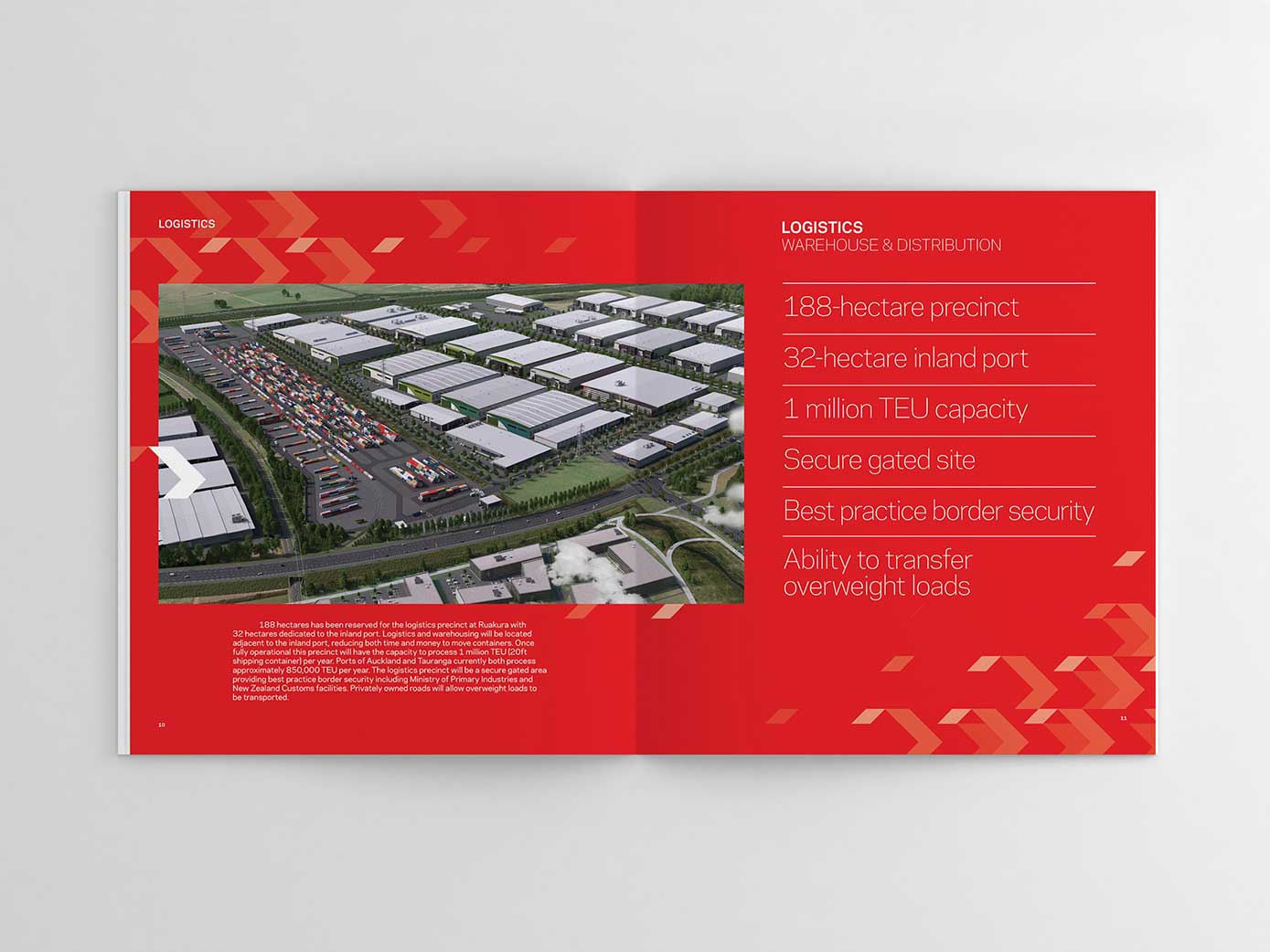 Double page spread disscussing the capabilities of warehouses and distribution facilities in the Ruakura